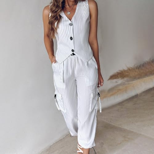 Womens 2 Piece Suits Set Button Down V Neck Vest Sleeveless Tops and Pockets Cargo Pants Trendy Striped Print Outfits2