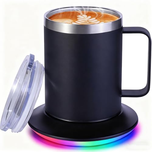 Juego de calentador de tazas de café con calefacción, apagado automático de 10 horas, taza térmica eléctrica inteligente USB de 12 onzas para oficina, hogar, para amigos, cumpleaños, Navidad (negro)