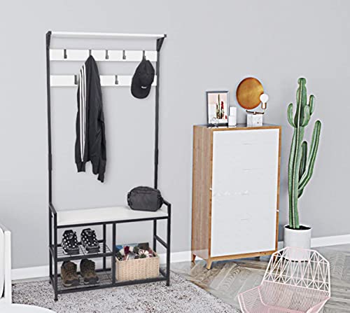 Homekoko Coat Rack Shoe Bench, Hall Tree Entryway Storage Bench, Wood Look Accent Furniture With Metal Frame, 3-In-1 Design (Black & White) #TOP1