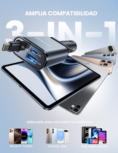 Lamicall 3 EN 1 Cargador Coche Carga Rápida, 50W Cargador Mechero USB C- [Super Compacto] 180° Plegable Adaptador Móvil Coche con Cable Retráctil Tipo C, Puerto USB-C/A, para iPhone/Samsung - imagen 6