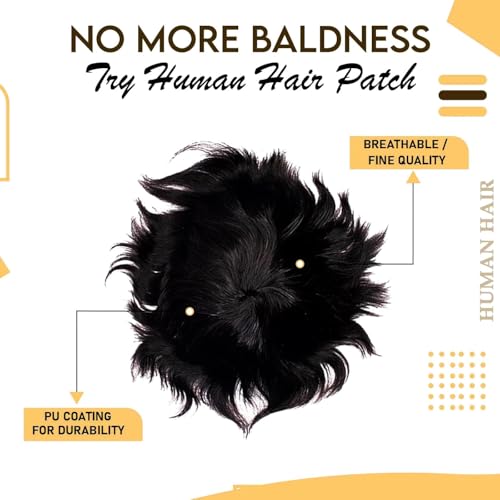 Image of Kabello MONOFILAMENT Human Hair Patch Toupee for Men Natural Human Hair, Fine Hair Wig Replacement System Easy Fit with Tape, Glue or Clips Mono Base (Natural Black) (8X5)