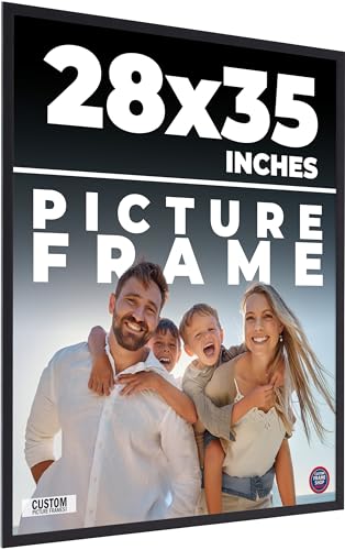 28x35 Frame Black Real Wood Picture Frame Width 0.75 Inches | Interior Frame Depth 0.5 Inches | Noir Classique Mid Century Photo Frame Complete with UV Acrylic, Foam Board Backing & Hanging Hardware