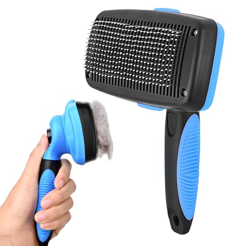 ペット ブラシ 伸縮式 スリッカーブラシ ブラシ猫 くし コーム ワンプッシュ 抜け毛除去 抜け毛取り クリーナー くし トリミングブラシ ブラッシング 猫 中型犬 大型犬 長毛 短毛に適用 おしゃれ ペットブラシのサムネイル