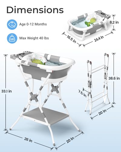 Image of BUNWAG Foldable Baby Bathtub with Stand, 2-in-1 Portable Infant Bath Tub for Newborns and Toddlers, Ergonomic Height for Back Protection& Compact Storage Design