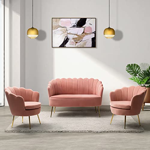 Image of HULALA HOME 3 Piece Velvet Living Room Furniture Set, Including Loveseat & 2 Sofa Chairs, Modern Comfy Upholstered 2-Seater Sofa & Accent Chair Set for Bedroom, Flower Shaped Back & Gold Legs, Pink