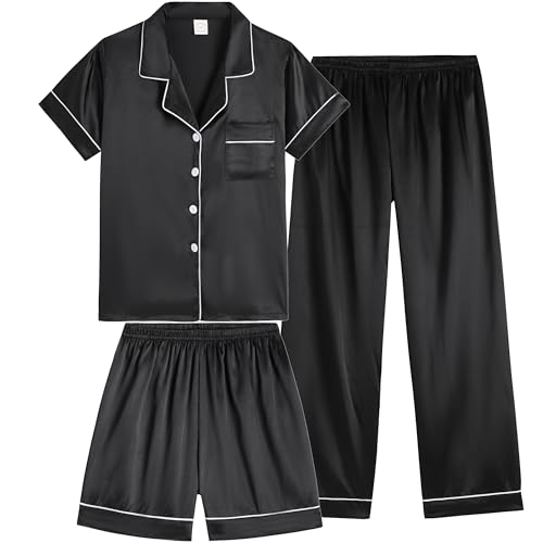 Vopmocld Satin Pajama Sets Unisex Boys and Girls Silk Button Down Short Sleeve & Shorts & Pants Sleepwear 3PCS Loungewear PJS