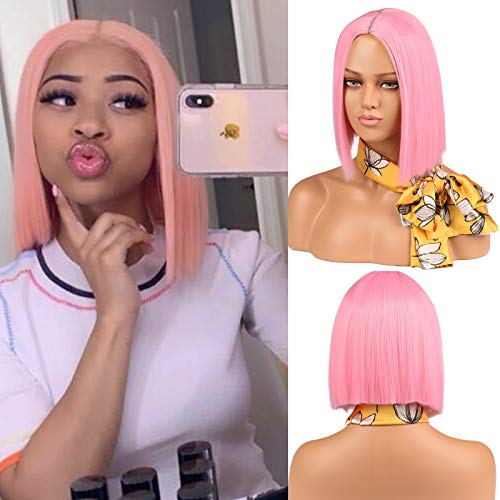 12" Pink Bob Wig Synthetic Straight Hair Bob wigs Middle Part Shoulder Length Colorful Fashion Bob Wigs for Women Girls Ladies(#T2311)……