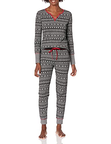 Amazon Brand - Mae Women's Vintage Thermal Henley Long Sleeve Top with Jogger, black fair isle, MEDIUM