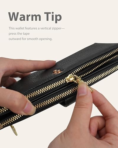 Image of Black Women's Slim Wallet,Thin RFID Card Holder with Zipper Pocket | 12 Slot Wallet Organizer, Large Capacity, Vegan Leather, Coin Purse, Cash Compartment, Travel Wallet, Women Gift