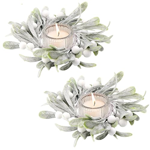 2Pcs Christmas Candle Rings Artificial Mistletoe with Berry Accents Small Wreaths for Pillars Xmas Table Decoration Centerpiece Wedding Party Home Decor (Green)
