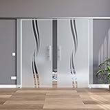 BM2-900-420-AS-DPL: Schiebetürsystem doppelflügelig ESG 2x900x2050x8mm Dekor M2, Siebdruck; Schienensystem ALU SlimLine SoftStop; Griffstange rund 420