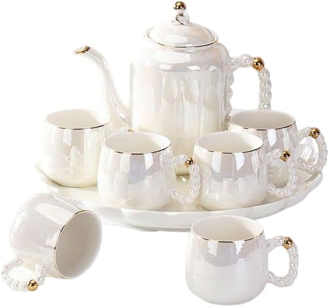 14-Pieces Porcelain Teapot Set Ceramic Coffee Cup Teacup with Gold Spoon Tea Party Tray Holder Gift Sets