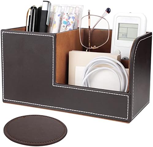 SHAIDOJIO Desk Organizers, Pen Pencil Holder for Desk, Brown PU Leather Desk Accessories with 1PCS Coaster, Multi-functional Storage Box with Stationery Remote Control Holder, School Office Supplies