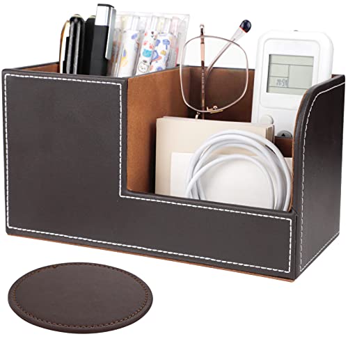 Shaidojio Desk Organizers, Pen Pencil Holder For Desk, Brown Pu Leather Desk Accessories With 1Pcs Coaster, Multi-Functional Storage Box With Stationery Remote Control Holder, School Office Supplies #TOP3