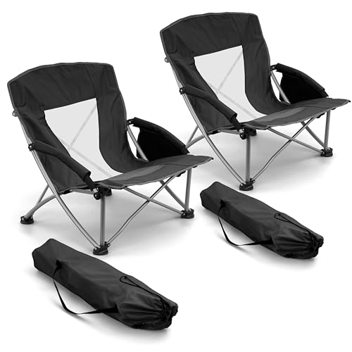 Image of HaSteeL Low Beach Chairs for Adults, Lightweight Camping Folding Chair with Carrying Bag, Portable for Outdoors Lawn Backyard Patio RV Trip Fishing Sport Tailgating, Support 300LBS, Black, 2 Pack