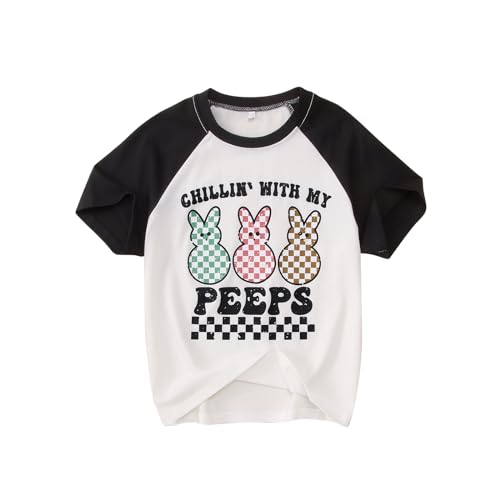 Image of MODNTOGA Boys Girls Easter Outfit Bunny Graphic T-Shirt Chillin' with My Peeps Letter Print Short Sleeve Tee Tops
