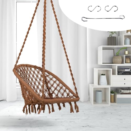 Image of Swingzy Premium Cotton D-Shape Hanging Swing Chair for Home, Balcony & Garden | Indoor & Outdoor Hammock for Kids & Adults | Stylish Brown Net Design with Comfortable Seating (64 x 61 x 152 cm,Brown)