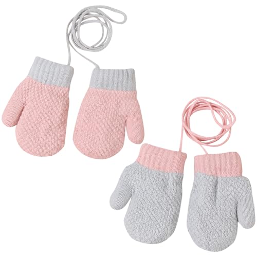 Mayoii 2 Pairs Toddler Mittens Winter Knitted Baby Mittens with String Warm Fleece Lined Toddler Gloves Age 1-3 for Boys Girls Anti-Lost Full Finger Gloves for Cold Weather (Pink and Grey One Size)
