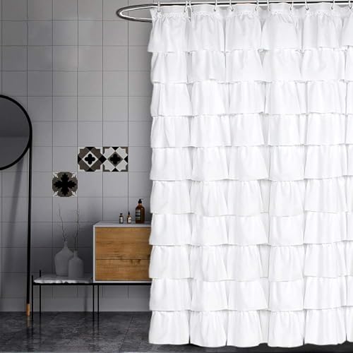 Volens White Shower Curtain Fabric Ruffle for Bathroom 72in Long