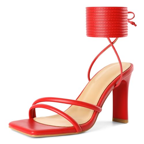 Image of Joseywade Chunky Heels For Women Lace Up Tie Up High Heel 3.5 inch Heeled Sandals Open Toe Shoes