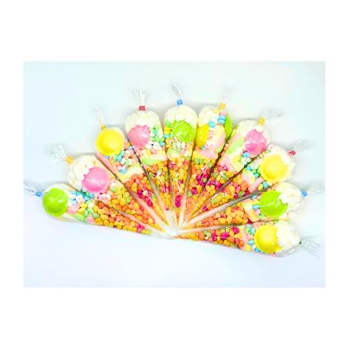 10 x Pre Filled Party Sweet Cones Assorted Candy Treat Bags Retro Sweets Marshmallows Rainbow Mix Kids Birthday Wedding Christening Favours Gifts Colourful Snack Selection (10 Rainbow Drop-2)