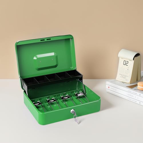 Image of Cash Box with Lock Key and Money Tray - Large Money Box for Cash Register, Metal Lock Box for Money Safe 11.8 inch x 9.4 inch x 3.54 inch Green