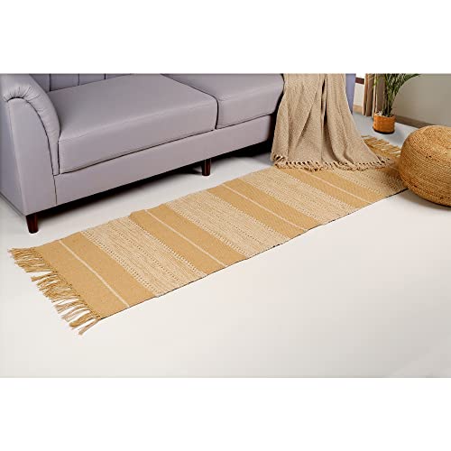 ETHNICITI Cotton Jute Slub Weave Shoddy Braided Beige Natural Eco-friendly Reversible Flat Kilim Dhurrie Area Rug Mat Hallway Bedroom Lounge Living Dining Utility Room Pet Yoga