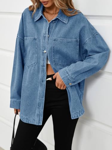 Tankaneo Womens Oversized Denim Shirt Jacket Button Down Long Sleeve Fall Casual Jean Shackets3