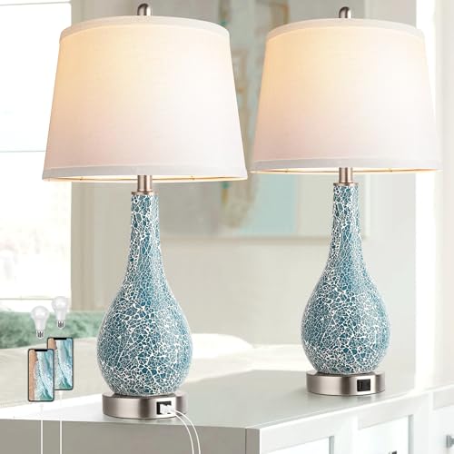 QiMH Blue Table Lamps for Bedroom Set of 2, Modern Bedside Lamp with USB A+C Ports, 26" Coastal Large Nightstand Lamp White Shade Living Room Lamps for Home Decor, LED Bulb Included