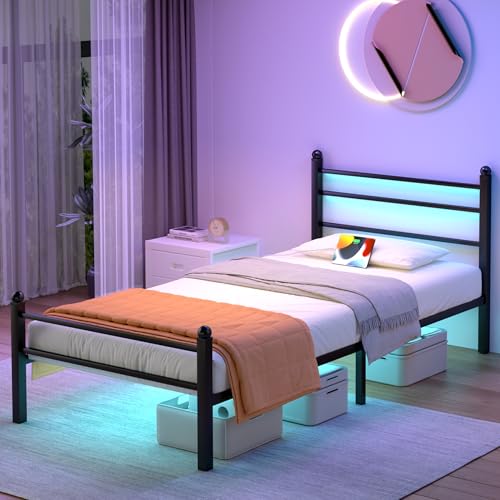 Image of J.Fkne Metal Platform Twin Bed Frame with LED Lights, Charging Station, Headboard, Heavy Duty Slats, No Box Spring Required, Black