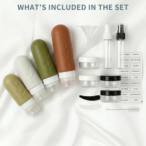 Image of DEPOZA Travel Bottles Kit (16 Pack) - TSA Approved, Leak Proof Silicone Squeezable Containers for Toiletries. Complete Set with Jars, Sprayers & Bag (Earthy brown)