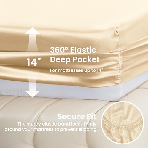 Image of Love's cabin Satin King Sheet Sets - 4 Piece Beige Silky Sheets King Size Bed Set with Deep Pocket, Luxury Silk Feel King Size Satin Sheet Set (1 Flat Sheet,1 Fitted Sheet,2 Pillow Cases)