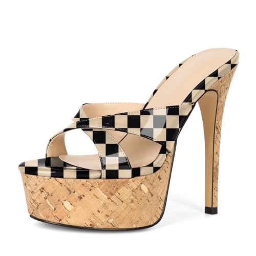 Image of Esvowido Heeled Mules for Women Cork Platform Stiletto Heels Slip on Open Toe High Heeled Sandals Crisscross Slippers Pumps Shoes