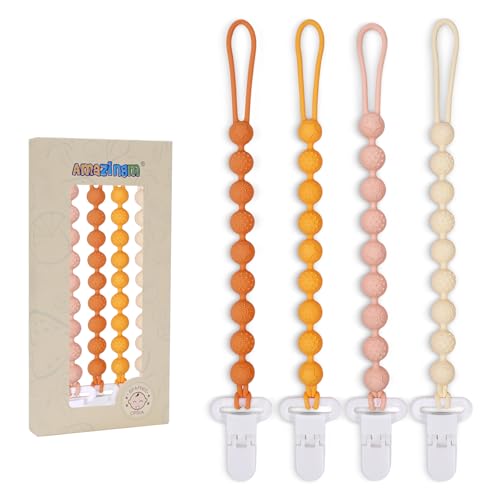 Image of One Piece Design Silicone Pacifier Clip Holder,Pack of 4 Flexible Paci Leash,Binky Clips with Textures for Baby Boys and Girls,Newborn Essential (Yellow)