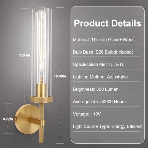 Image of Brass Wall Sconces Set of Two with White Lights, 19.5'' Brushed Brass Knurled Bathroom Sconces Wall Lighting Vanity Light with Clear Glass for Living Room Mirror Bedroom Stairs