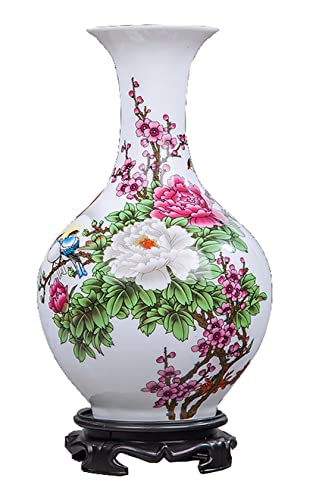 Jarrón de cerámica de estilo chino, florero decorativo para mesa, estante, sala de estar, decoración del hogar, peonía, blanco