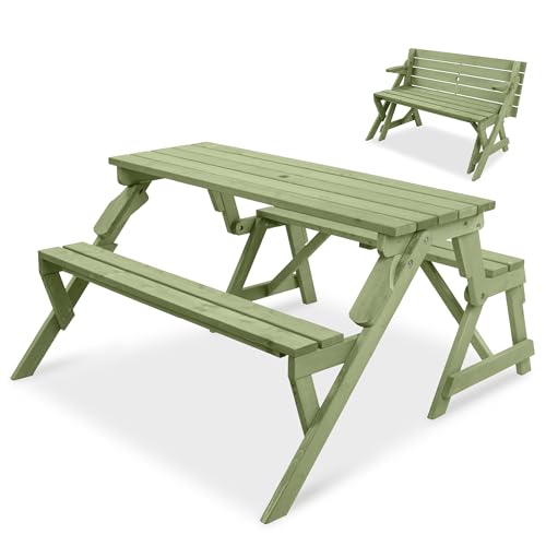 Image of Best Choice Products 2-in-1 Transforming Interchangeable Outdoor Wooden Picnic Table Garden Bench for Backyard, Porch, Patio, Deck w /Umbrella Hole - Sage Green