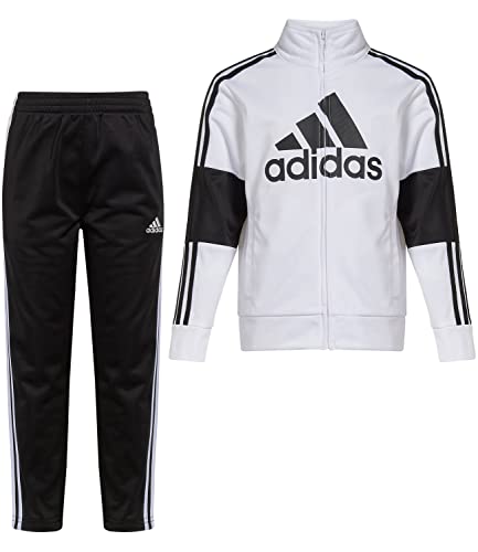 adidas Boys' Little Tricot Jacket & Pant Clothing Set, White Stripe 3S, 4 (AG6415C)