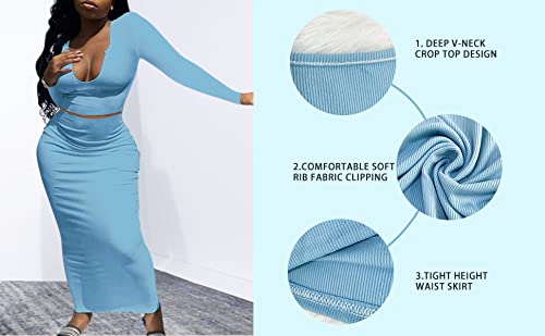 Image of Women Sexy Two Piece Skirt Outfits Long Sleeve /Sleeveless V Neck Bodycon Ribbed Knitted Maxi Club Party Dress