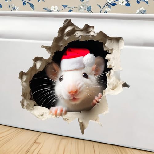 Christmas Mouse in Mousehole Cracked Wall Decal Sticker Removable Decor Skirting Board Baseboard 3D Effect Kids Wall Sticker
