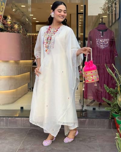 Image of Women's Cotton Mirror Work Embroidered Straight Kurti with Pant and Dupatta Set