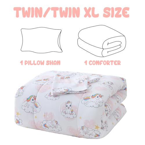 Image of Yibeizi Kids Unicorn Twin Bed Comforter Set Pink Heart Bedding