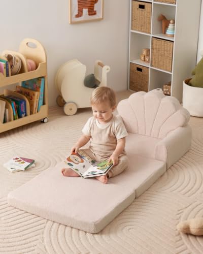 Image of Blissful Diary Foldable Kids Couch, 2-in-1 Kids Sofa Chair, Beige Shell | 50.8 inch Fold-Out Play Area, Supportive Foam, Washable Cover, Carry Handle, Pre-Assembled, Kid-Safe Zipper