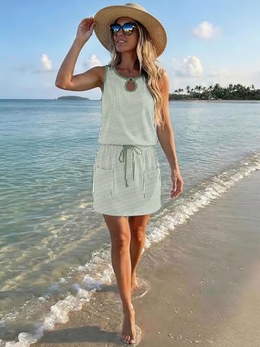 Image of SAUKOLE Womens Summer Causal Loose Sleeveless Crew Neck Drawstring Waist Mini Short Dress with Pockets