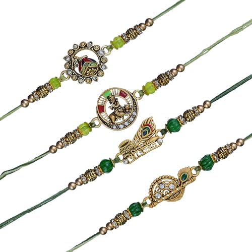 Image of eCraftIndia Set of 4 Lord Ganesha Peacock Krishna & Kalash Designer Rakhis for Brother Bhaiya Bhai | Roli Chawal Pack