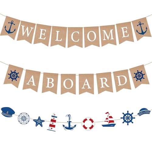 VitalCozy 3 Pcs Jute Burlap Welcome Aboard Banner Rustic Vintage Nautical Sailboat Lighthouse...