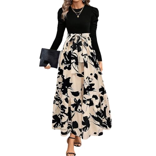 XFSRG Maxikleid Damen Langarm Rundhalsausschnitt Blumen Maxilang Kleid Rüschen Hohe Taille Langes Lockeres Bodenlanger...