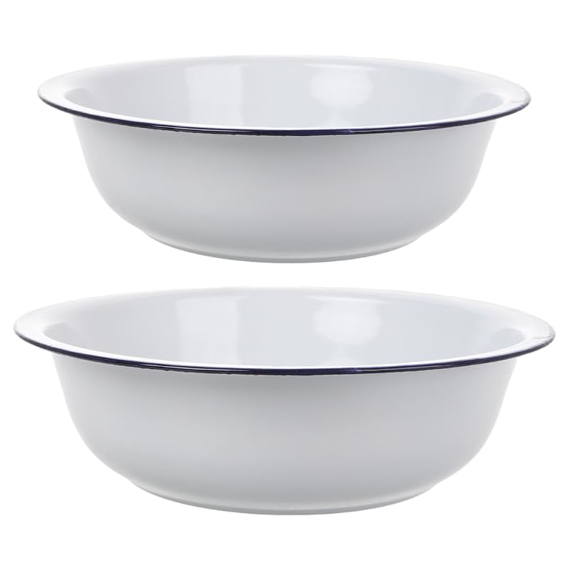 HOMSFOU Enamel Mixing Bowls Set 30cm/32cm Large Enamelware Bowl White Porcelain Mixing Basin for Soup, Salad, Pasta, Fruit 2pcs