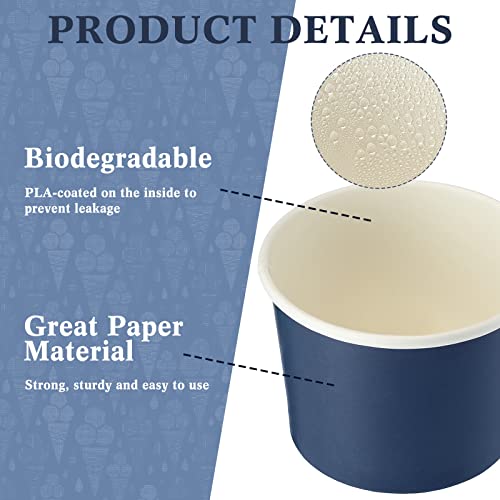 Image of Didaey 100 Pcs Paper Ice Cream Bowls Disposable Dessert Cups Yogurt Sundae Containers Disposable Yogurt Dessert Bowls for Food, Party Supply, Soup, Ice Cream, Blue(8 oz) (Pack of 2)