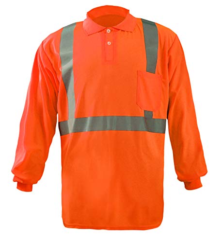 OccuNomix LUX-LSPP2B-OXL Long Sleeve Wicking Birdseye Polo T-Shirt with Pocket, Class 2, 100% ANSI Wicking Polyester Birdseye, X-Large, Orange (High Visibility)